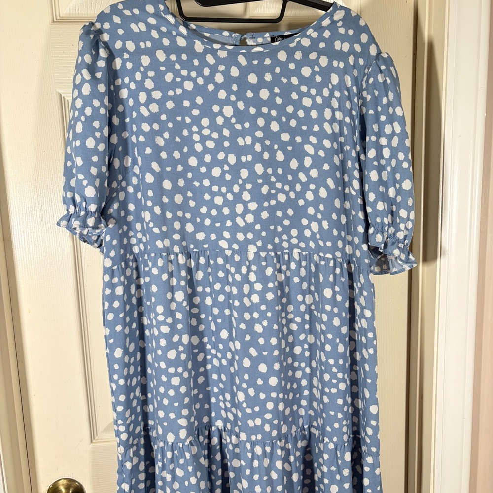 PrettyGarden Polka Dot Tiered Maxi Dress XL Blue White Puff Sleeve Boho Babydoll